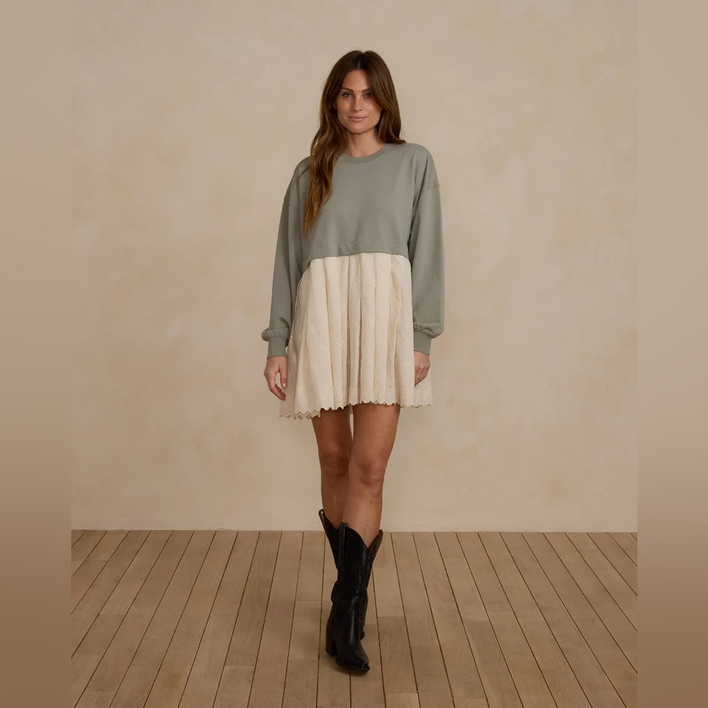 Rylee + Cru Sage Green and Cream Long Sleeve Babydoll Dress